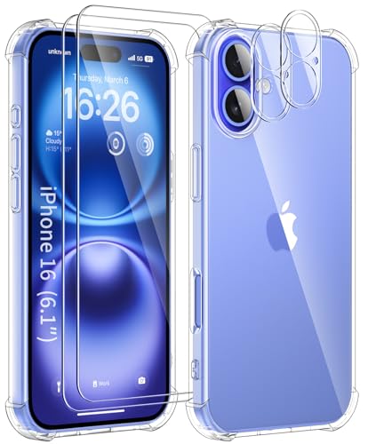 SOGUDE 5 en 1 Coque pour iPhone 16 avec 2 Verre Trempé et 2 Caméra Protecteur, Étui de Protection Antichoc avec Coussin d'air Intégré Mince Bumper Housse - Transparente
