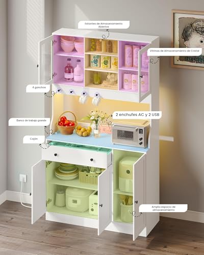 Miniatura 4 de Kimenich Armario De Cocina Con Encimera, Aparador Con Led Y Enchufes, Buffet Con Cajones, Estantes Ajustables, Gran Espacio, Para Salón Y Comedor, 103.5 X 40 X 180 Cm, Blanco