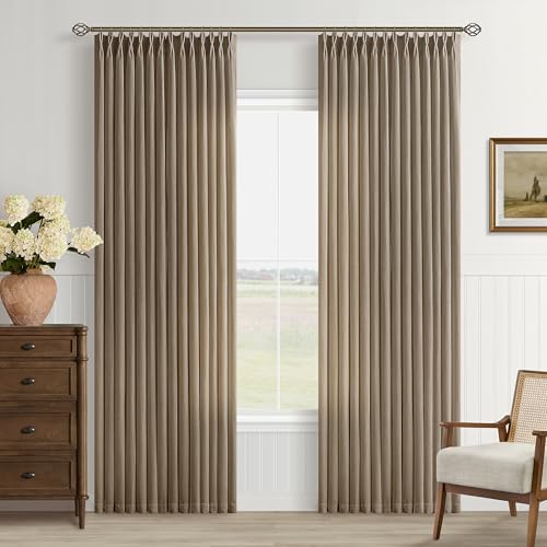 Image of Dark Brown Semi Sheer Pinch Pleated Linen Curtains 40 X 80 Inch Long Drapes | Flax Linen Textured, Light Filtering Privacy, Hook Rings Memory Shape, Farmhouse Rustic Cottage Boho, Office Bedroom, 80 in