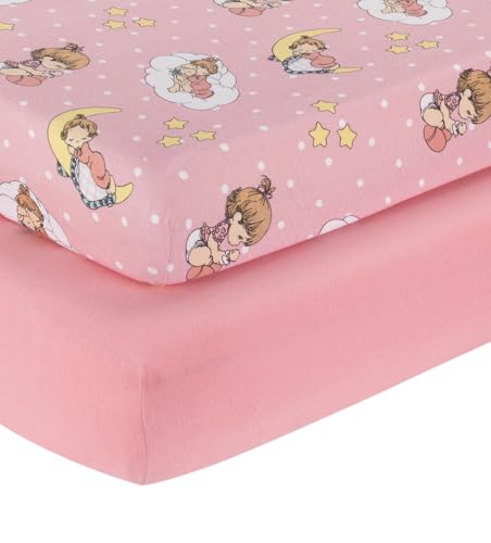 Image of 2 Pack Fitted Crib Sheets for Girls in 100% Jersey Knit Cotton – Pink and Yellow Precious Moments Design Plus Solid Pink Girl’s Crib Mattress Sheets by Everyday Kids