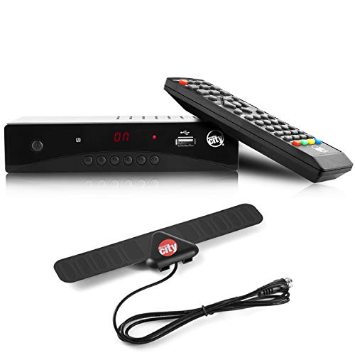 Circuit City DCB-1 ATSC HD Digital TV Converter Box Bundle with 25 Mile Digital Antenna HDMI Cable Remote Control HDTV PVR TV Recording Full HD 1080p LED Time Display 2019 Model
