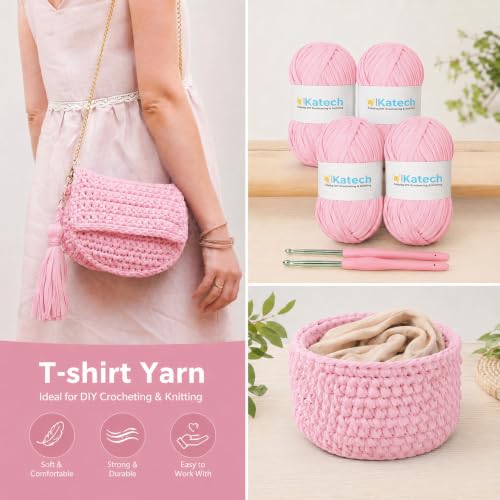 Image of Katech 400g T Shirt Yarn for Crocheting, Elastic Fabric Yarn for Bag-Pink