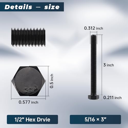 Image of Glvaner 5 /16-18 x 3 inch Stainless Steel Hex Head Screws Bolts, Black Coated, 304 Stainless Steel 18-8, Hexagon Head Bolts, Full Thread, 10 pcs