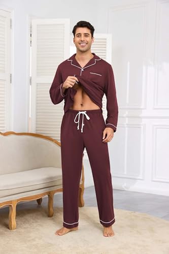 Image of Veseacky Mens 100% Cotton Pajamas Set Long Sleeve Button Down Sleepwear Soft Loungewear Pjs with Pockets