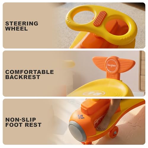 Image of Baybee Zygo Swing Car for Kids | Twister Push Ride on Baby Car with RGB Light & Music | Magic Car for Kid with 360 Steering & Backrest | Kids Car for 2-5 Years Boy Girl (Yellow)