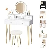 👗Coiffeuse moderne et astucieuse : Cette coiffeuse arbore d'élégantes touches dorées et des pieds en épingle à cheveux élégants. Ses tiroirs aux rainures raffinées offrent une finition soignée, tandis que son tabouret rembourré offre un confort optimal.