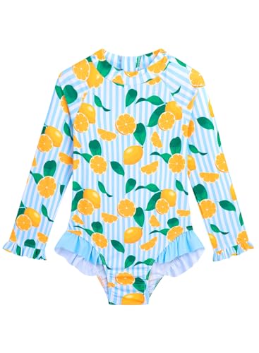 Image of Baby Toddler Girl Long Sleeve Ruffle Swimsuit One Piece Zipper Rash Guard Bathing Suit with UPF 50+ Sun Protection