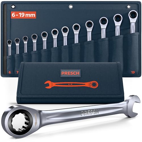 PRESCH Ratschenschlüssel Set 12tlg. (6-19mm) inkl. Tasche - Minimaler Rückholwinkel (Bis zu 4°, 90 Zähne) - Robuste, präzisionsgefertigte Ringratschenschlüssel