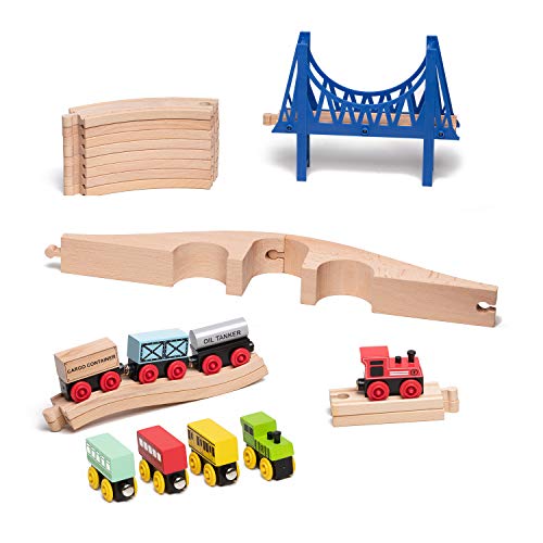 umu Wooden Train Set Railroad Track for Kids, Compatible to Thomas Train Toys Railway and Major Brands, Includes 8 Magnetic Rail Cargo Cars & 12 Tracks & 2 Bridges for 3+ Year Old Boys and Girls