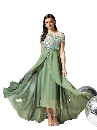 Image of Miss Chase Women's Round Neck Short Sleeve Floral Layered Georgette Midi Dress