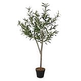 Planta artificial de olivo en maceta negra con 20 aceitunas – 120 x 60 cm – Árbol artificial en maceta con 580 hojas – Árbol de olivo artificial – Planta de oleio artificial en maceta – Árbol