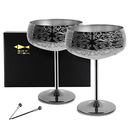 SKY FISH Martini Glasses, Stainless Steel Coupe Cocktail Glass with 2 Cocktail Picks, Vintage Champagne Glasses Set of 2,400ml (Black)