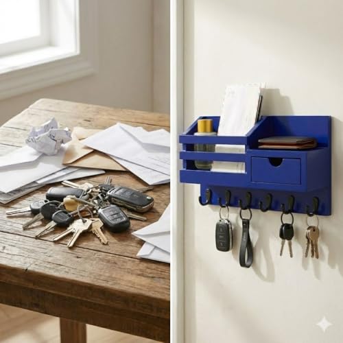 Image of Wooden Wall Mounted Key Holder with Hooks and Organizer Shelf Wall Rack for Letters Wallets and Accessories Home and Office Wall (Blue, Drawer Organizer - 35.5 x 9 x 23 cm)