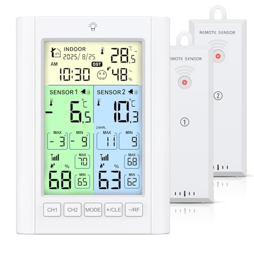 ORIA Termómetro Digital para Refrigerador, Termómetro para Congelador con 2 Sensores Inalámbricos, Pantalla a Color, Alarma, Máx y Mín, Horario de Verano, Alimentación por Batería o USB para Hogar