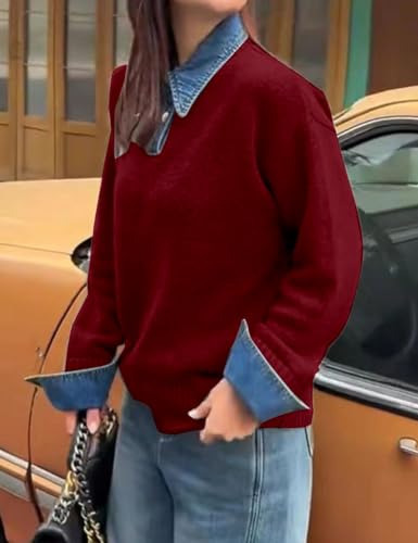 Image of Womens Denim Lapel Sweater Oversized Long Sleeve Button Down Polo Knit Pullover Sweaters 2025 Fall Outfits