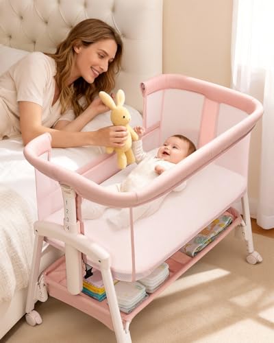 3 in 1 Baby Bassinet with Wheels Bedside Bassinet Sleeper for Newborn Portable Baby Crib with 7 Adjustable Height & Large Storage Basket & Full-Mesh Easy Folding Baby Bed for Infant (Pink)
