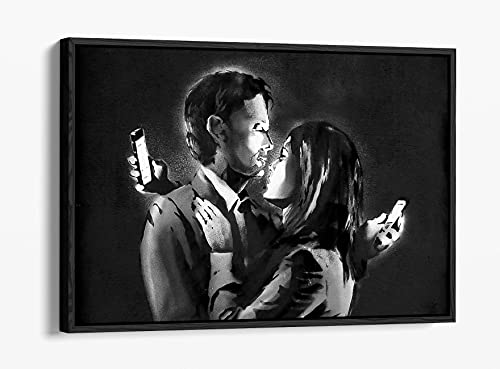 Image of CanvasArtShop- BANKSY MOBILE LOVERS- FLOAT EFFECT FRAMED CANVAS WALL ART PICTURE PRINT (BLACK, 24x16)