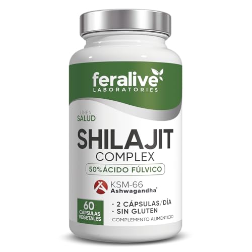 Feralive Laboratories Shilajit Complex 60 Cápsulas – Extracto 40:1 con 50% Ácido Fúlvico + KSM-66® Ashwagandha – Suplemento Energético para Vitalidad, Rendimiento, Testosterona y Bienestar General
