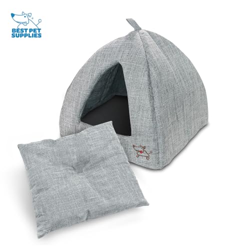 Image of Best Pet Supplies Cat Bed for Indoor Cat, Domed Tent House with Removable Pillow, Covered Cat Cave for Small Dog, Puppies and All Breeds of Cats - Gray Linen, 16 x 16 x H:14 inch