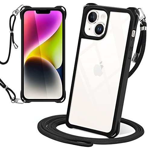 iPhone14 ケース クリア ショルダー アイフォン14 カバー 肩掛け 斜めかけ いphone14 スマホケース 縄掛けケース 透明 PC 薄型 軽量 耐衝撃 紐付き 斜めがけ 落下防止 紛失防止 ワイヤレス充電対応 取り外し可能 調節可能なショルダー(ブラック)