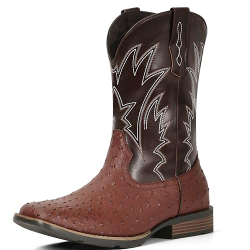Image of IUV Cowboy Boots For Men Western Ostrich Wide Embroidered Pull On Boots | Durable & slip-resistant pull-on boots, Fashionable embroidered design, Vintage style for men, stylish for casual.