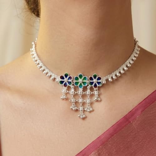 Image of Parasmoni Silver Floral Statement Necklace for Women