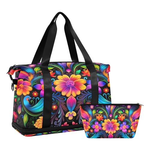 Colorful Mexican Floral Duffel Bag Lightweight Carry On Gym Bags for Travel and Weekends, Versatile Overnight Bag with Shoe Compartment
