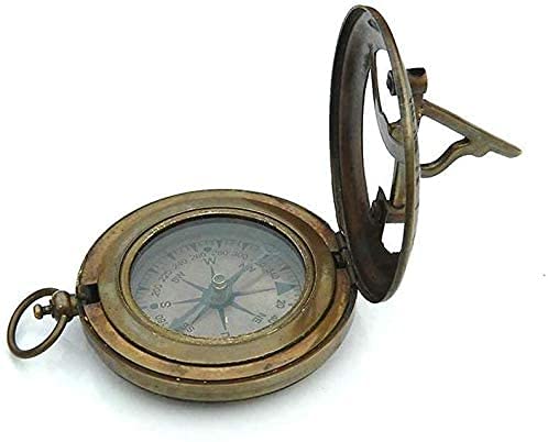 Boussole de poche en laiton avec cadran solaire et boîtier en cuir marron