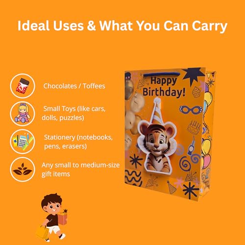 Image of TASCHE 3D Gift Bags for Return Gifts | Pop-Out Paper Bags for Kids Birthday, Baby Shower, Party Favors | 11x8x3 Inches (TIGER POP, Pack Of 40)