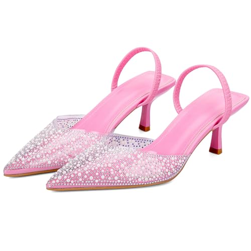 Image of YIYA Women's Clear Slingback Heels with Pearl Studded Pointed Toe Kitten Mid Heels Sparkly Rhinestone Slip On Wedding Party Shoes