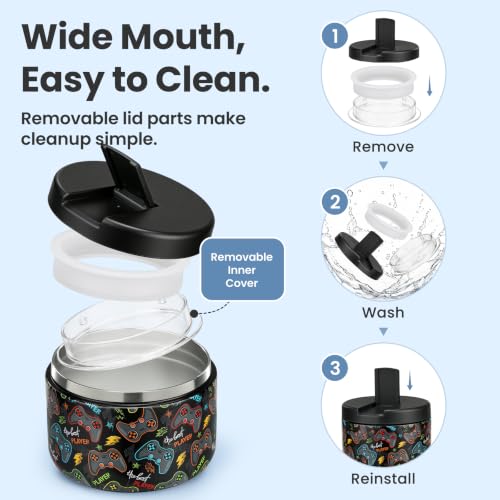 Image of Pawtong 12oz Insulated Vacuum Food Jar with Buckle Lid Wide Mouth Soup Thermo for Hot Food Kids Leakproof Stainless Steel Lunch Container (Black-Game)