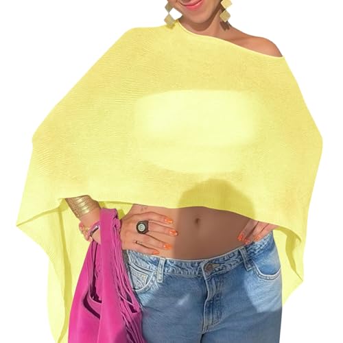 Fisoew Women Sheer Poncho Top Lightweight Knit Crochet Summer Shrug Bolero Off Shoulder Going Out Beach Cover up