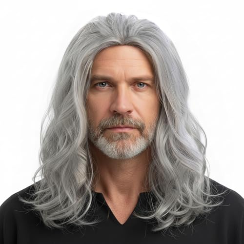 Dsimeig Long Curly Wavy Grey Wigs for Men Synthetic Natural Cosplay Halloween Costume Party Wig 16inch