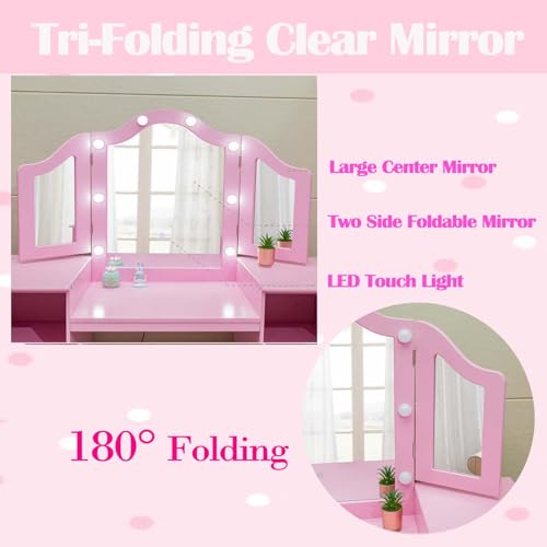 Kids Vanity Table, Princess Makeup Desk & Chair Set with touch Light Detachable Tri-Folding Mirror, Open Storage Shelves, Wooden Girls Vanity Dressing Table, Pretend Play Vanity Set for Toddler