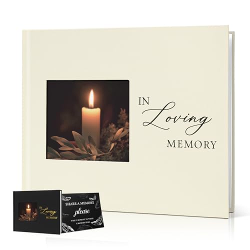 Image of Funeral Guest Book, in Loving Memory Sign in Book with Photo Slot | 330 Entries, Table Sign Card Included, Gold Stamping, Twill-Textured Paper Cover, Celebration of Life Keepsake, 9x7.5 inch, Beige
