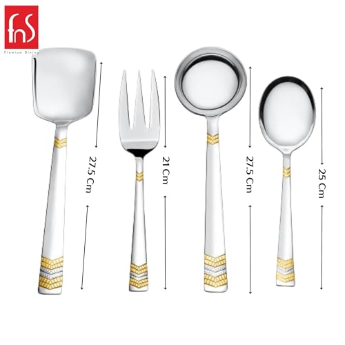 Image of FnS RAGA 24 Karat Gold Plated Stainless Steel Serving Set of 4 (1 Rice Serving, 1 Serving Fork, 1 Gravy Ladle, 1 Serving Spoon Large) for Home, Kitchen and Dinning
