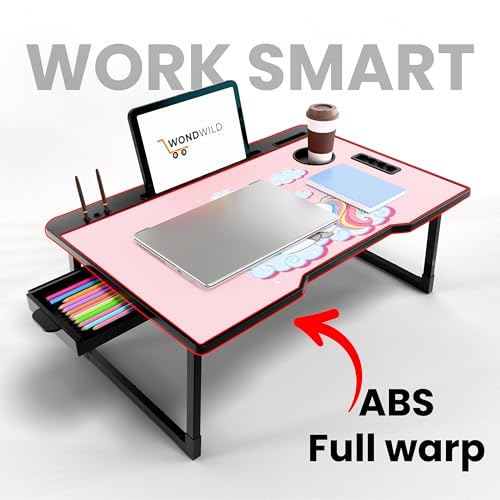 Image of WONDWILD Smart Multipurpose Foldable Laptop Table with Cup Holder, Study Table, Bed Table, Breakfast Table, Foldable and Portable /Ergonomic & Rounded Edges /Non-Slip Legs (ABS UK)