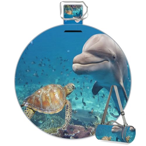 Shimoshe Ocean Sea Animal Turtle Dolphin Picnic Outdoor Blanket Foldable Waterproof Sandproof Beach Blanket Portable Water-Resistant Round Picnic Mat for Travel Camping Park Lawn