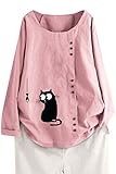  Femme Chemisier Manches Longues en Coton Lin Kaftan Imprimé Floral Tunique T-Shirt Baggy Tops Grande Taille Rose 3XL