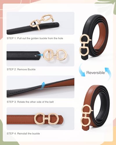 AWAYTR Skinny Reversible Belt for Girls - Kids Waist Leather Belt for Toddler with Gold Buckle for Dress Pants2