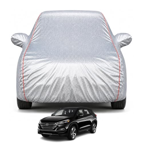 Image of Premium Car Cover for Hyundai's Tucson 2016-2021 Models | Waterproof, UV & Dust Protection | Mirror & Antenna Pocket | Triple Stitched, Soft Inner Lining, Belt & Buckle (Metalic Silver)