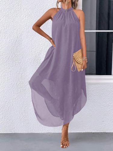 Image of Verdusa Women's Wedding Guest Dress Halter Flowy Chiffon Long Dresses | Cocktail Dress, Asymmetrical Dress for Women, Sleeveless, Prom Dress, Cruise Outfits, Boho