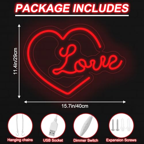 Image of Heart Love Neon Sign, Valentines Day LED Light, USB Powered Dimmable LED Sign for Wall Decoration, Party, Wedding, Bedroom, Living Room, 15.7 inchx11.4 inch