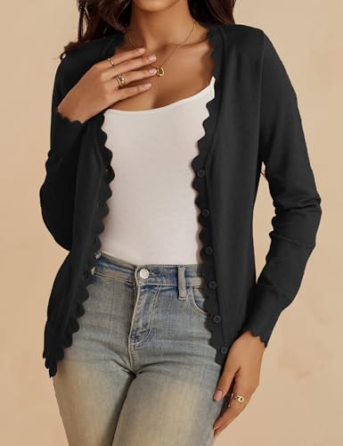 VERABENDI Womens Cardigans Lightweight Long Sleeve V Neck Button Down Cute Scalloped Edges Cardigan Sweaters for Women4