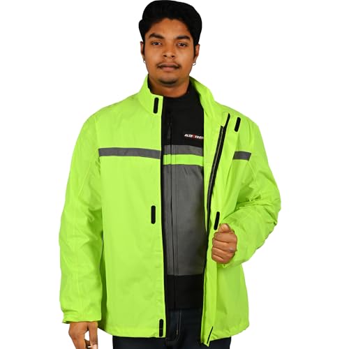 Image of Allextreme Riding Jacket Rain Cover PU Coated Polyester Fabric Waterproof Biker Rainwear with Full Sleeves for Men's Rider Protection Raincoat (S, Neon Green)