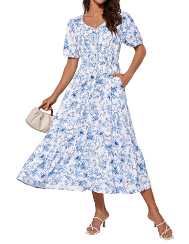 Damen Vintage Midi Blumenkleid Kurzarm V-Ausschnitt Sommerkleid A Linien Hochzeitsgast Kleid Weiß-Blaue Blumen L