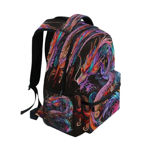 Colorful Dragon Flower Black Backpack for School Boys Girls Adults Kids Bookbag Laptop Bag 15L2