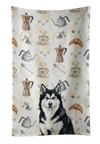 Caroline's Treasures Black and White Alaskan Malamute Coffee Bar Kitchen Towel Velour Plush Front and Cotton Loop Back Machine Washable
