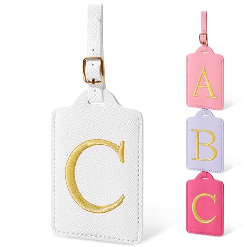 Image of Initial Luggage Tags for Suitcases, Cute Embroidered Letter Luggage Bag Suitcase Identifier Name Baggage Tag, PU Leather Travel Luggage Tags, Bag Tags for Men Women Kids Luggage Handbags(White C)