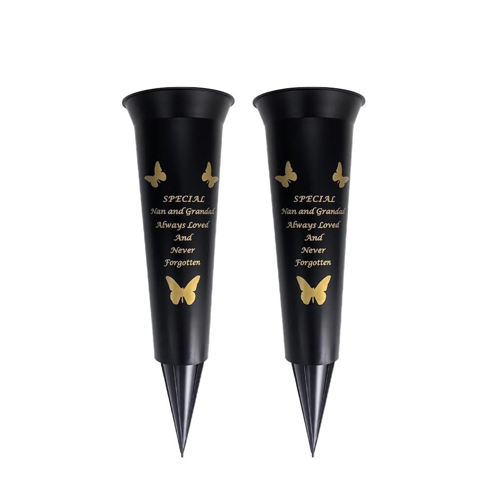 Memorial Grave Vases Ornaments Black Plastic Flower Holders - Butterfly Spike Grave Flower Vases with Funeral Verses for Your Loved Ones - Pack of 2 (Nan And Grandad - Pack of 2)